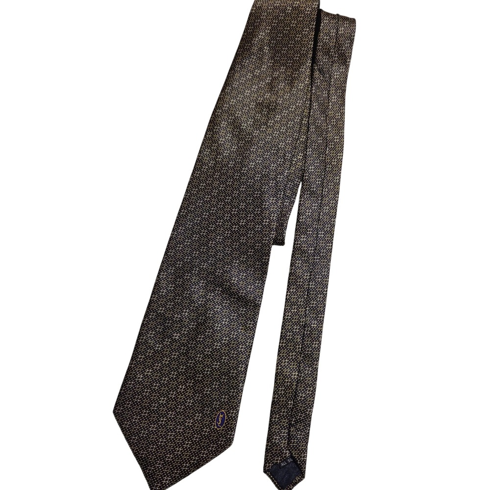 Yves Saint Laurent Mens Silk Tie Gold Black White Micro Pattern YSL Logo Classic